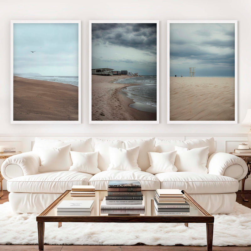 Beach Wall Posters – Moody Coastal Art Print Set (3 Pieces) - White Framed Poster No Border - Artworksets