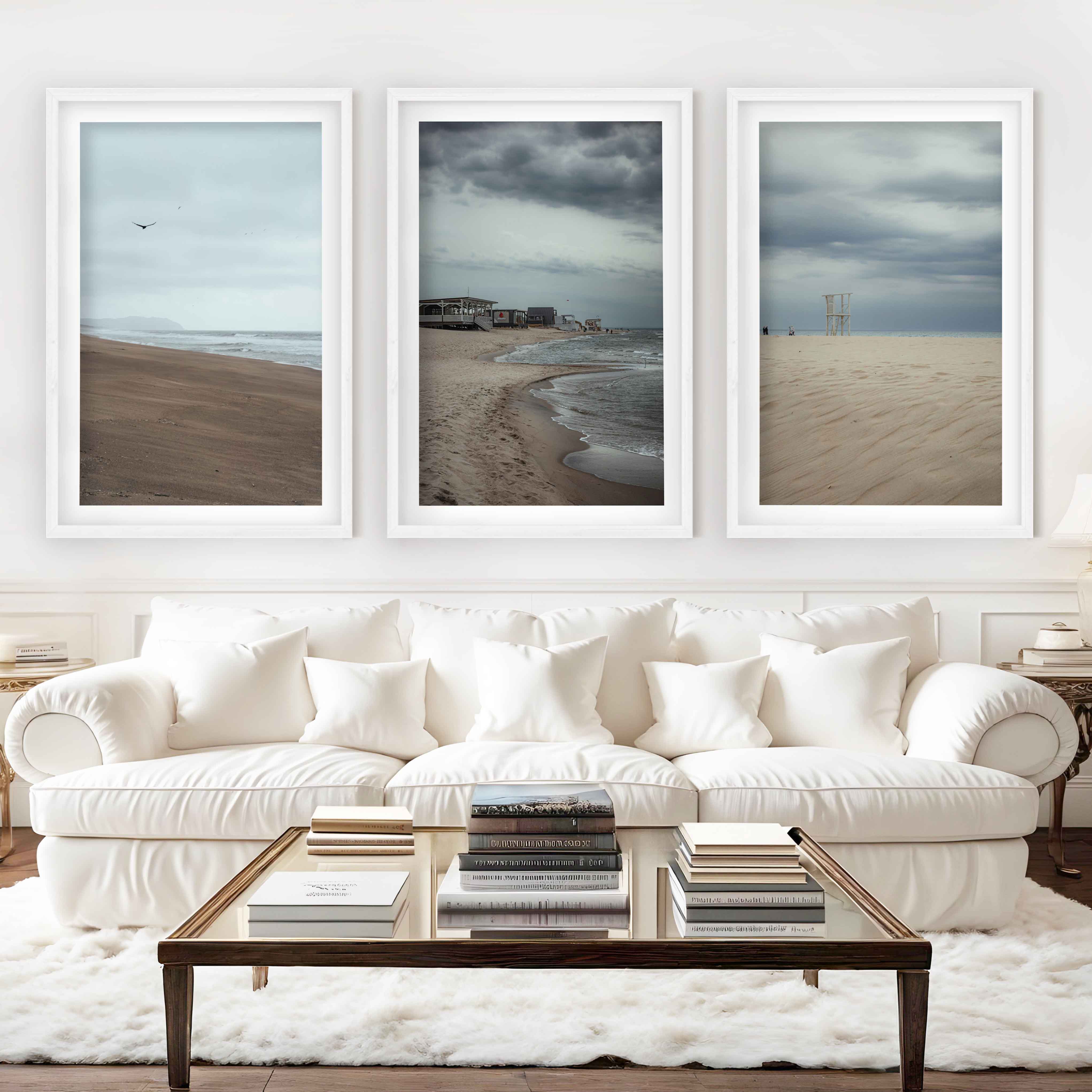 Beach Wall Posters – Moody Coastal Art Print Set (3 Pieces) - White Framed Poster with White Border - Artworksets
