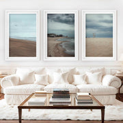 Beach Wall Posters – Moody Coastal Art Print Set (3 Pieces) - White Framed Poster with White Border - Artworksets