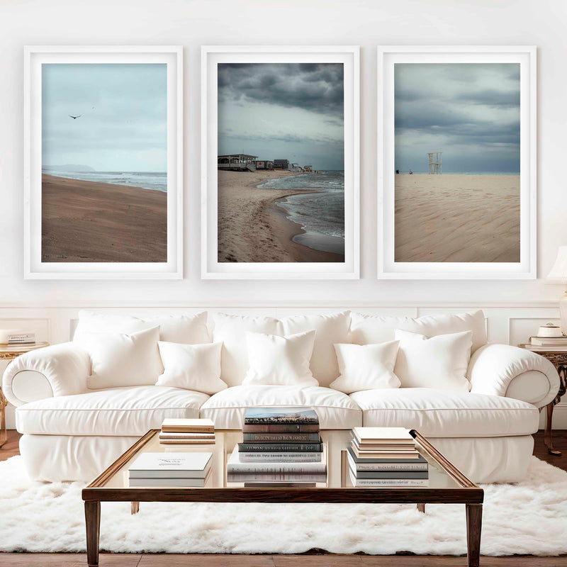 Beach Wall Posters – Moody Coastal Art Print Set (3 Pieces) - White Framed Poster with White Border - Artworksets