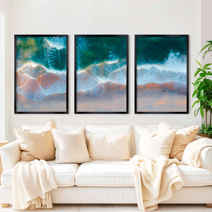 Beach Wall Posters Triptych – Aerial Waves and Reflected Light - Black Framed Poster No Border - Artworksets