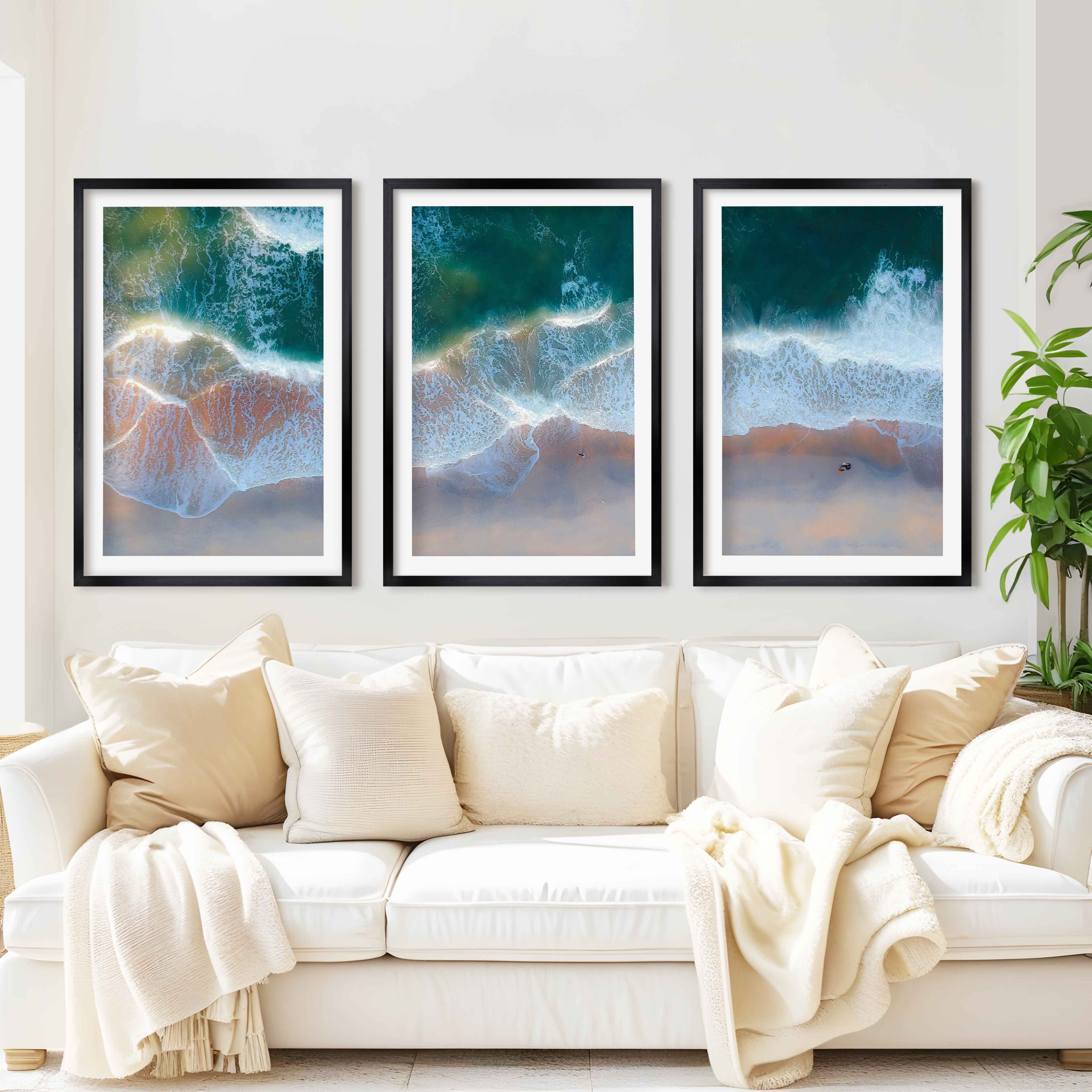 Beach Wall Posters Triptych – Aerial Waves and Reflected Light - Black Framed Poster with White Border - Artworksets
