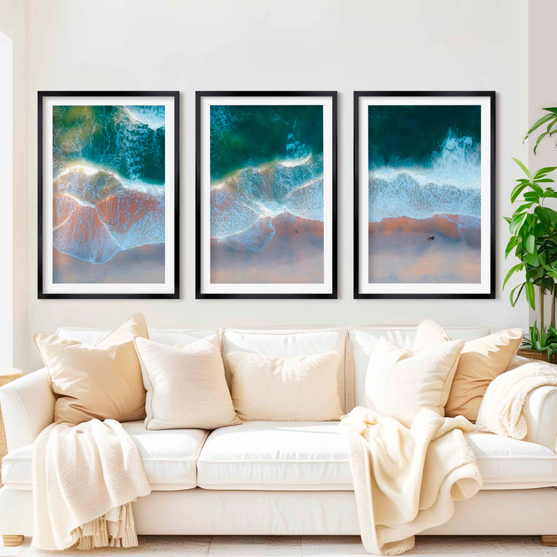 Beach Wall Posters Triptych – Aerial Waves and Reflected Light - Black Framed Poster with White Border - Artworksets