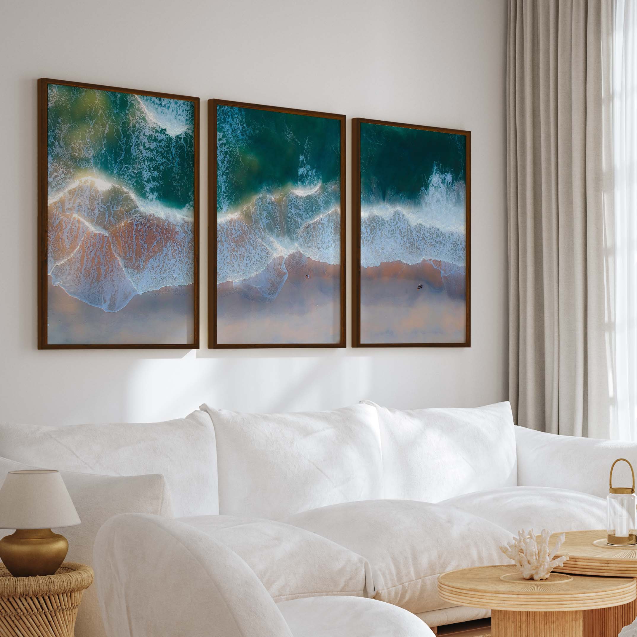 Beach Wall Posters Triptych – Aerial Waves and Reflected Light - Dark Brown Framed Poster No Border - Artworksets