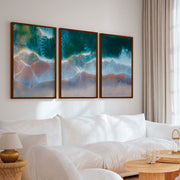 Beach Wall Posters Triptych – Aerial Waves and Reflected Light - Dark Brown Framed Poster No Border - Artworksets