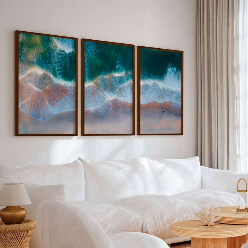 Beach Wall Posters Triptych – Aerial Waves and Reflected Light - Dark Brown Framed Poster No Border - Artworksets