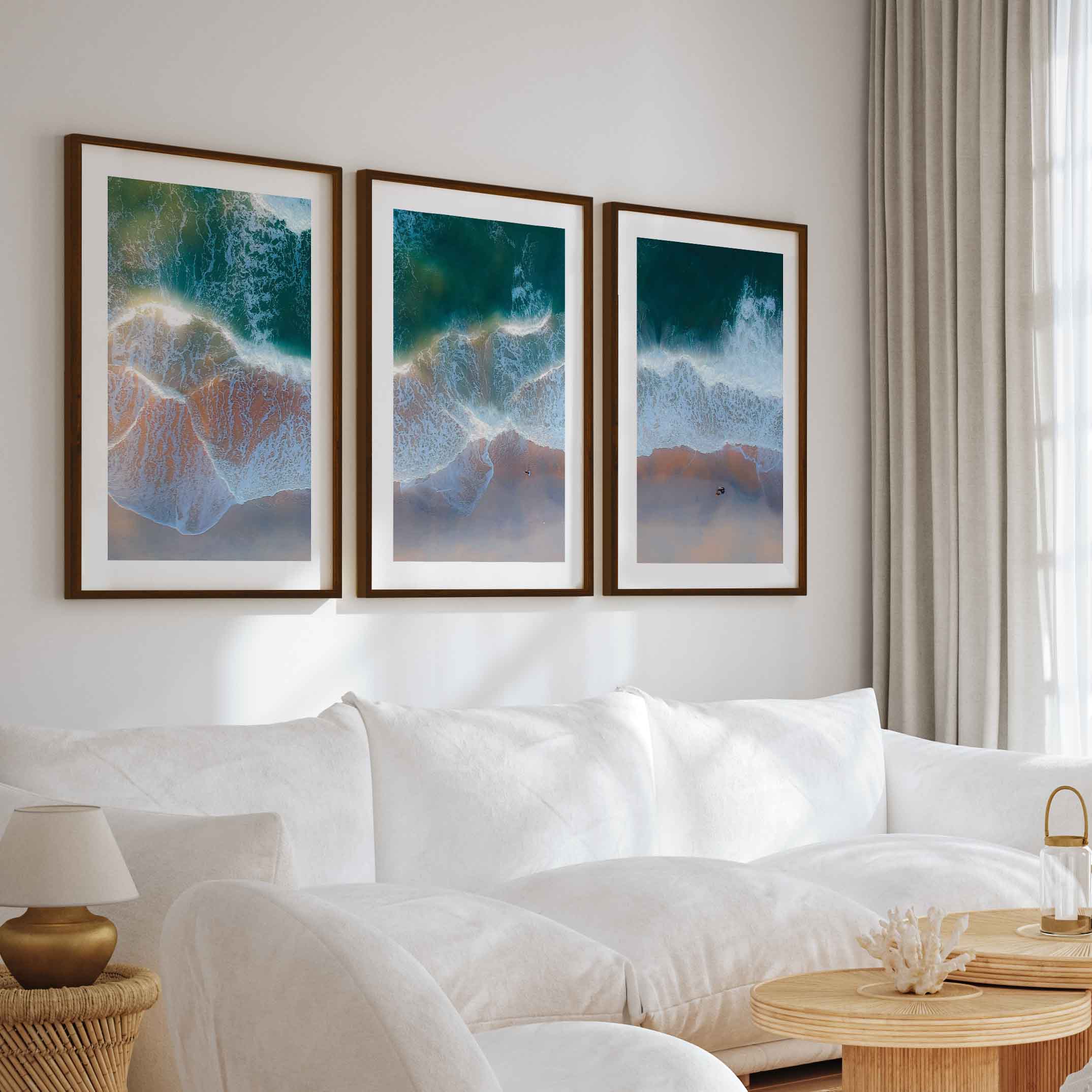 Beach Wall Posters Triptych – Aerial Waves and Reflected Light - Dark Brown Framed Poster with White Border - Artworksets