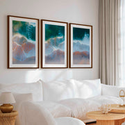 Beach Wall Posters Triptych – Aerial Waves and Reflected Light - Dark Brown Framed Poster with White Border - Artworksets