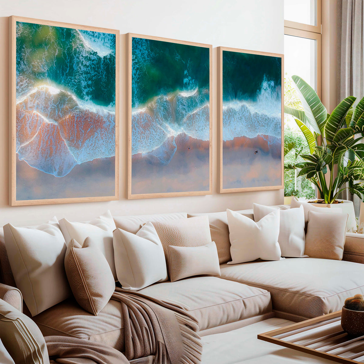 Beach Wall Posters Triptych – Aerial Waves and Reflected Light - Natural Wood Framed Poster No Border - Artworksets