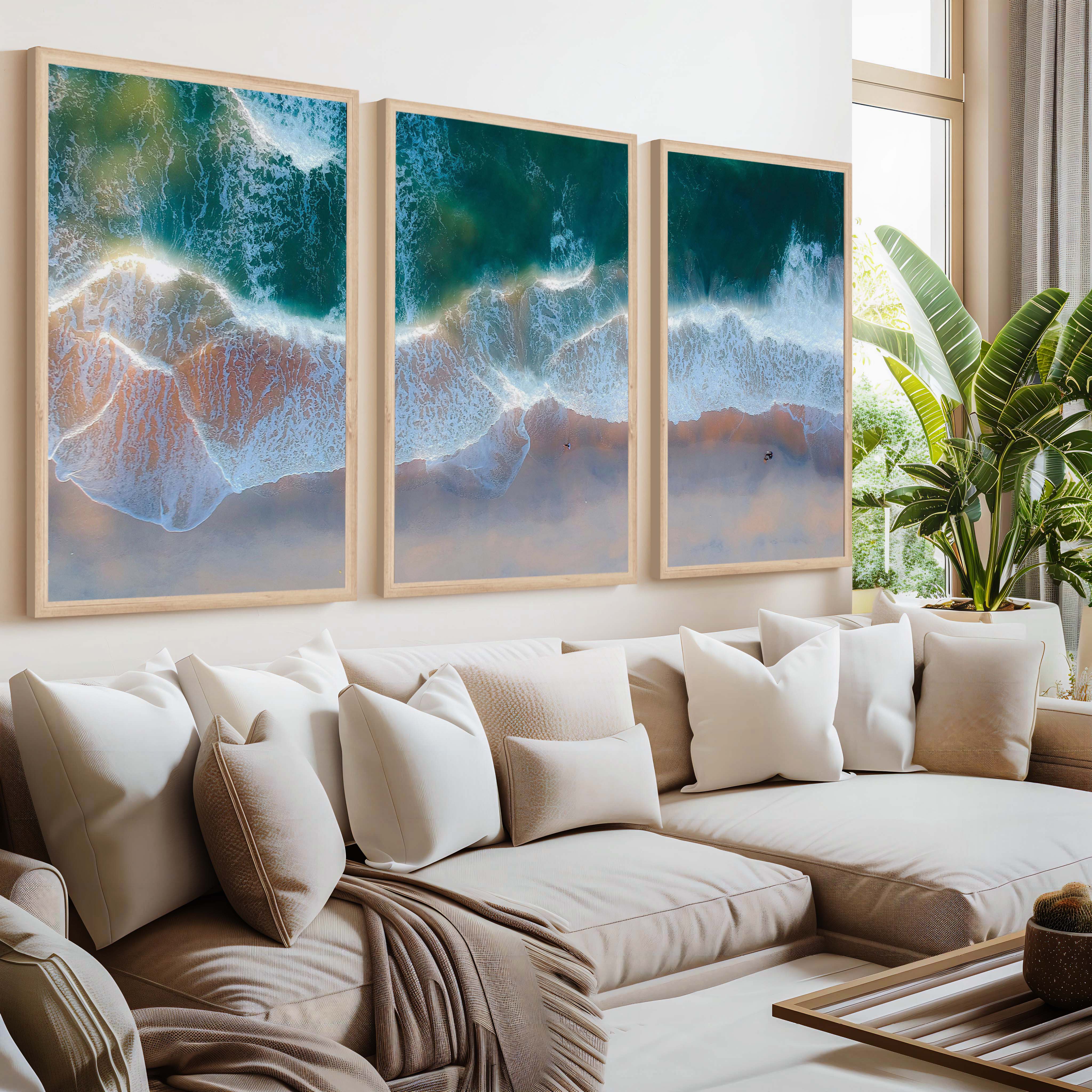 Beach Wall Posters Triptych – Aerial Waves and Reflected Light - Natural Wood Framed Poster No Border - Artworksets