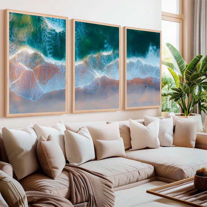 Beach Wall Posters Triptych – Aerial Waves and Reflected Light - Natural Wood Framed Poster No Border - Artworksets