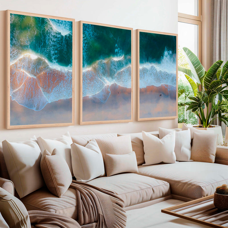 Beach Wall Posters Triptych – Aerial Waves and Reflected Light - Natural Wood Framed Poster No Border - Artworksets