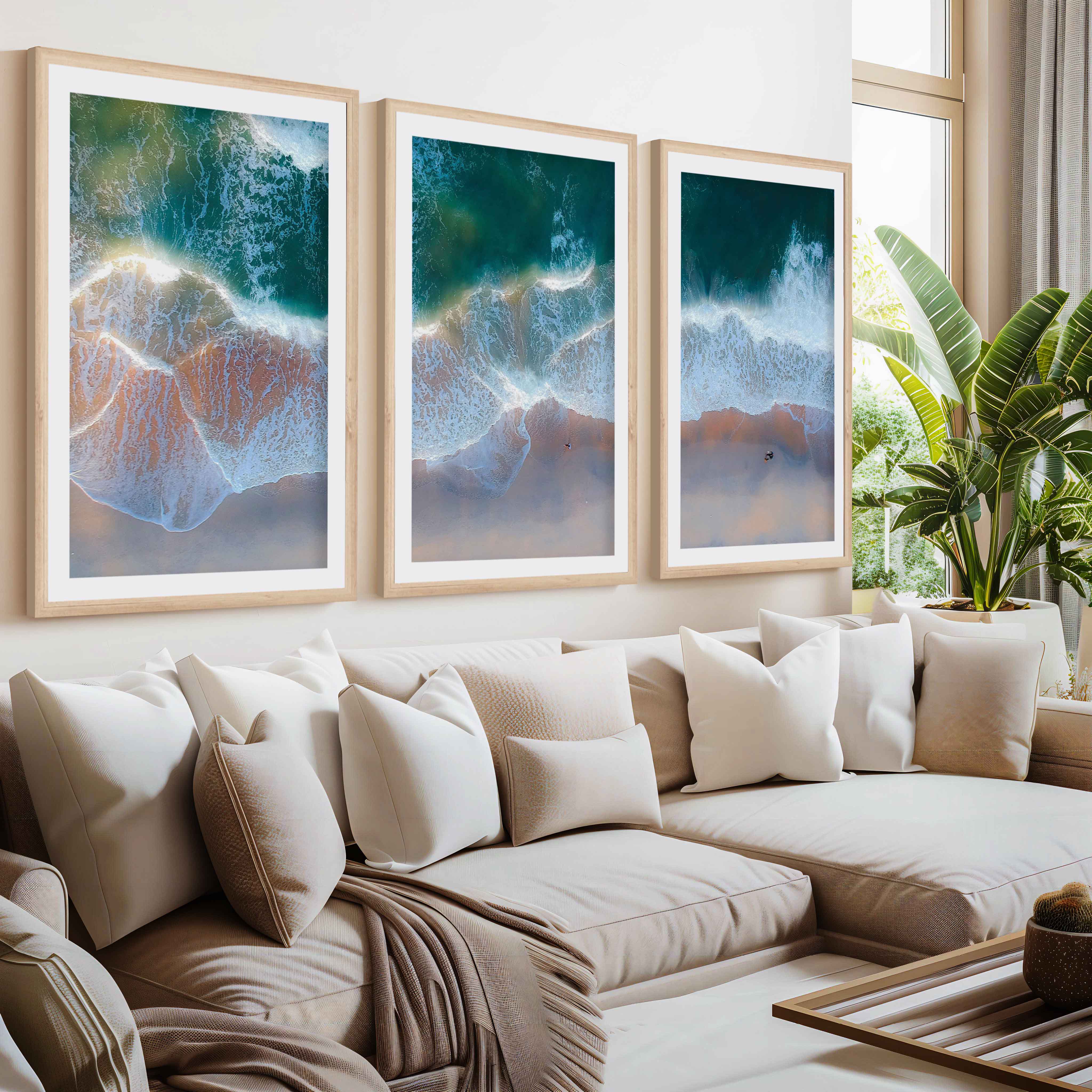 Beach Wall Posters Triptych – Aerial Waves and Reflected Light- Natural Wood Framed Poster with White Border - Artworksets