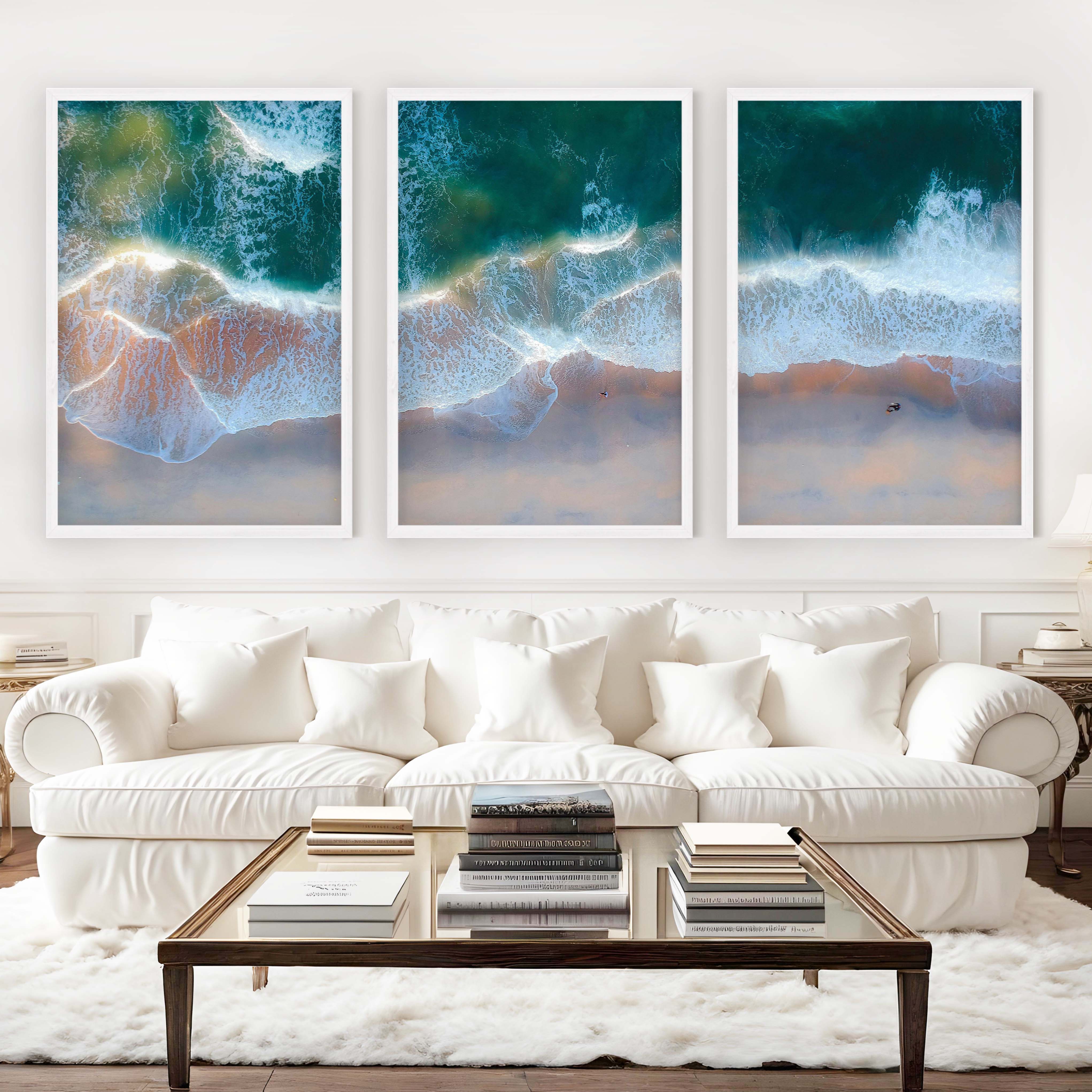 Beach Wall Posters Triptych – Aerial Waves and Reflected Light - White Framed Poster No Border - Artworksets