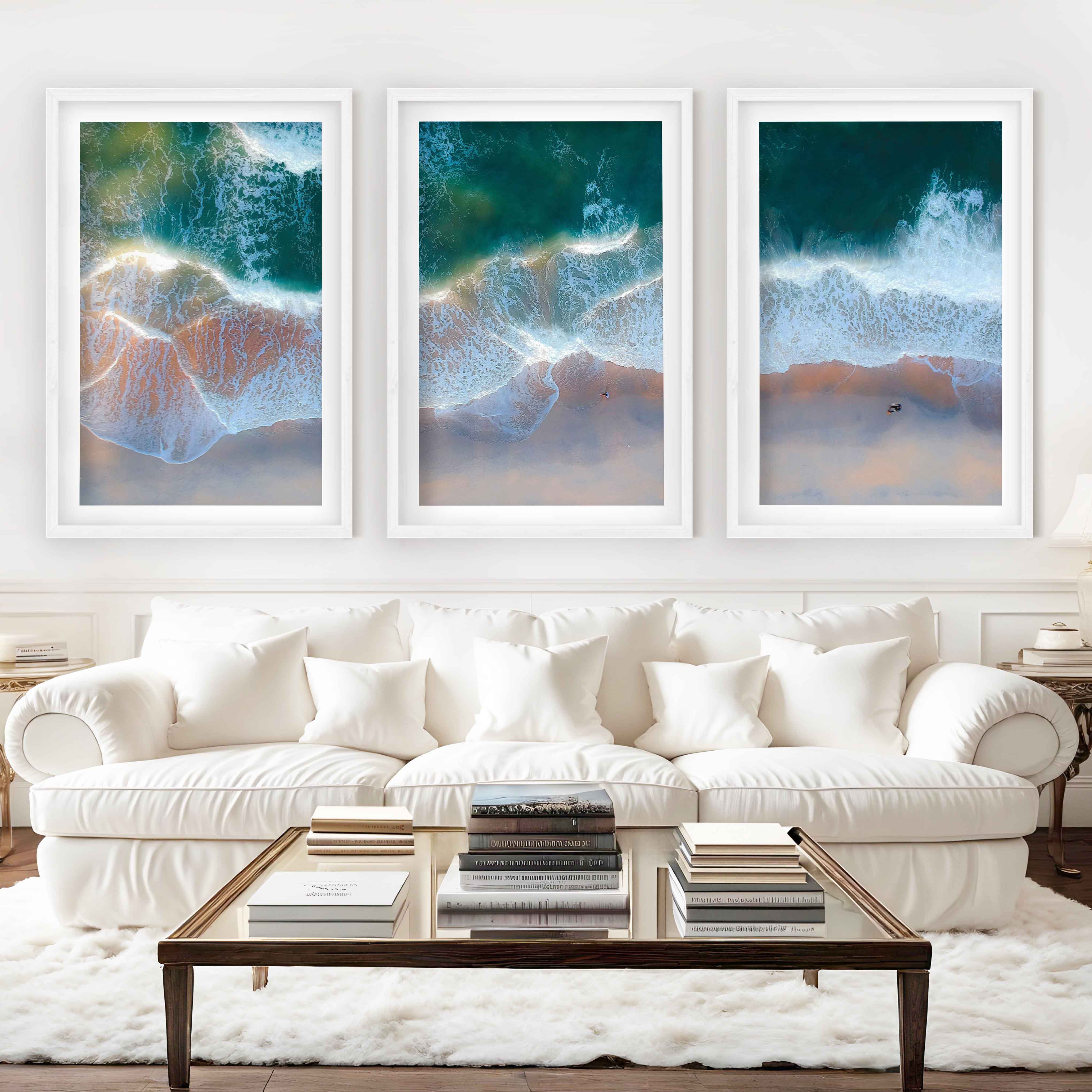 Beach Wall Posters Triptych – Aerial Waves and Reflected Light - White Framed Poster with White Border - Artworksets