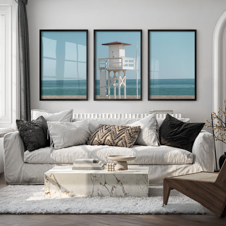 White Lifeguard Tower Beach Wall Prints - Black Framed Poster No Border - Artworksets