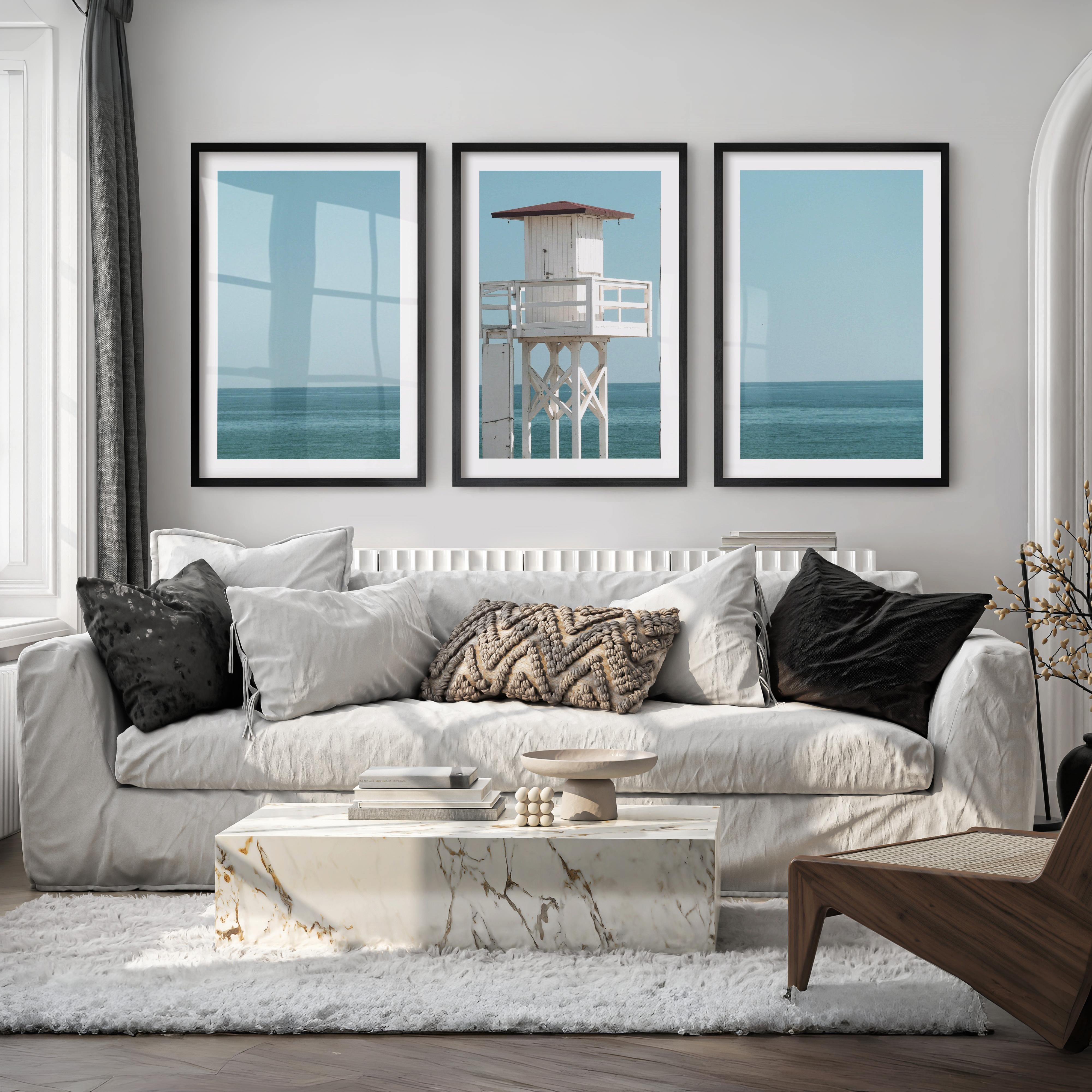 White Lifeguard Tower Beach Wall Prints - Black Framed Poster with White Border - Artworksets