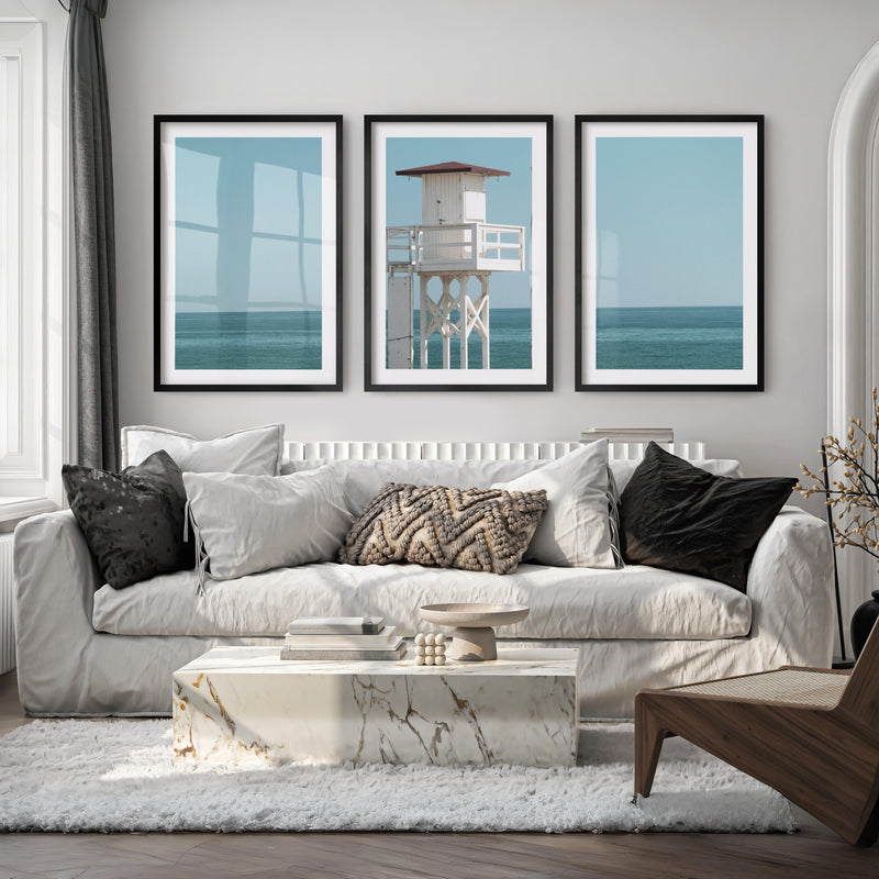 White Lifeguard Tower Beach Wall Prints - Black Framed Poster with White Border - Artworksets