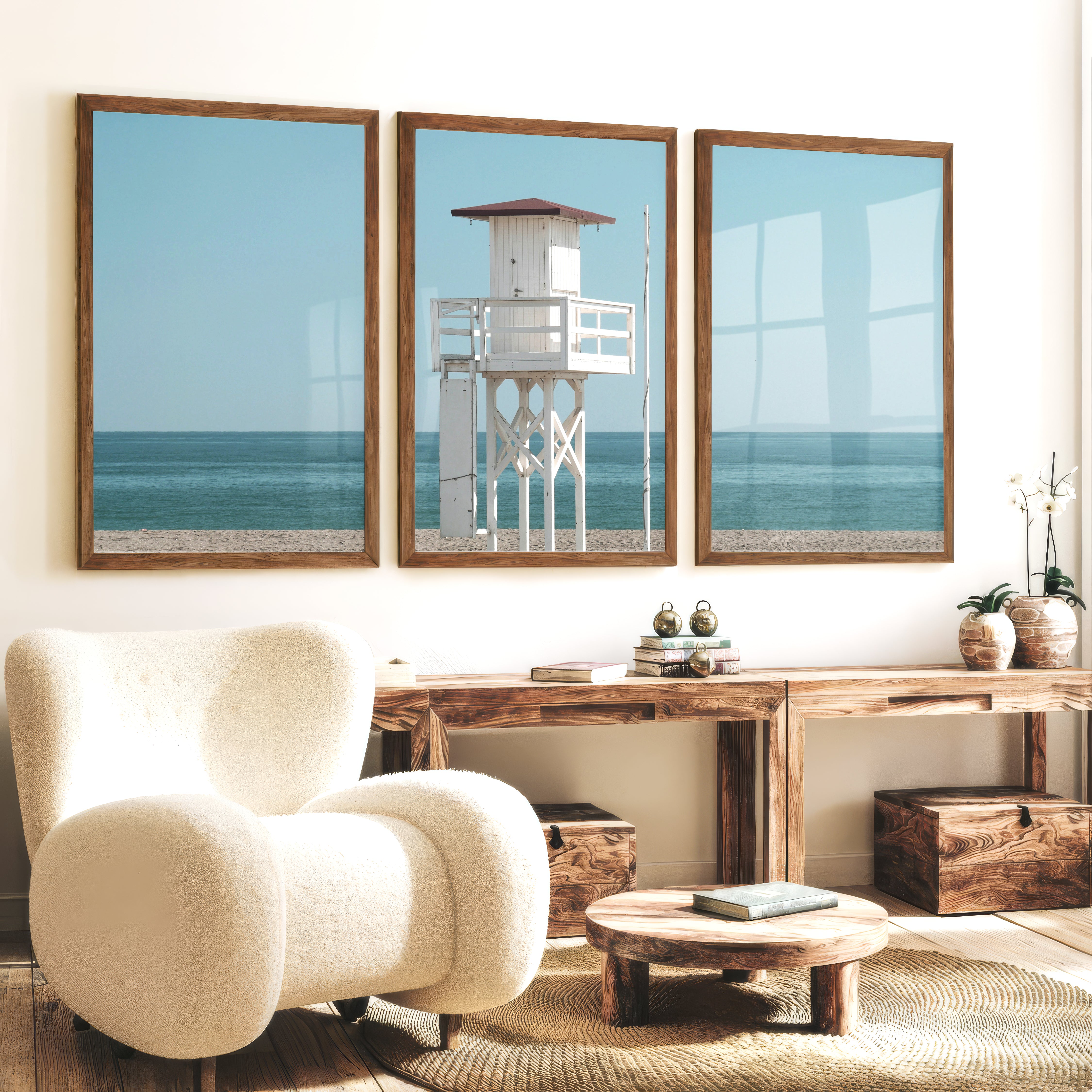 White Lifeguard Tower Beach Wall Prints - Dark Brown Framed Poster No Border - Artworksets