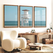 White Lifeguard Tower Beach Wall Prints - Dark Brown Framed Poster No Border - Artworksets