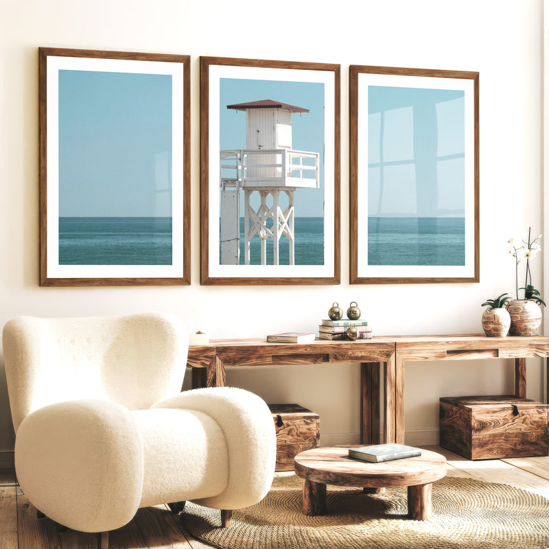 White Lifeguard Tower Beach Wall Prints - Dark Brown Framed Poster with White Border - Artworksets