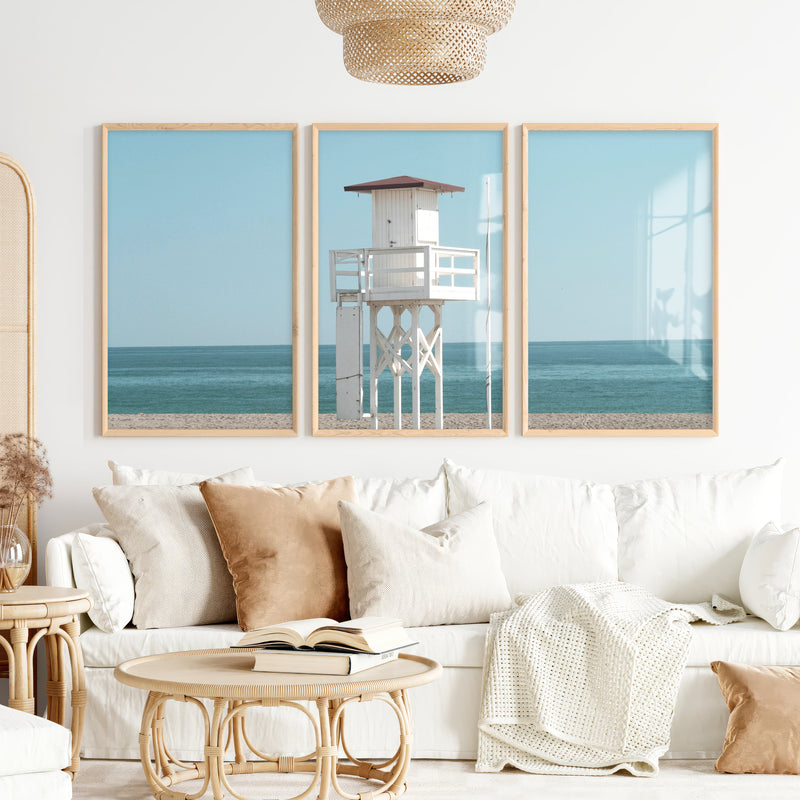 White Lifeguard Tower Beach Wall Prints - Natural Wood Framed Poster No Border - Artworksets