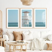 White Lifeguard Tower Beach Wall Prints- Natural Wood Framed Poster with White Border - Artworksets