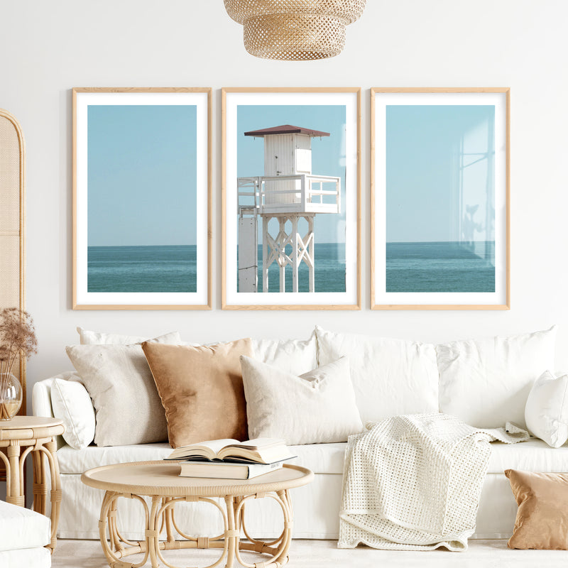 White Lifeguard Tower Beach Wall Prints- Natural Wood Framed Poster with White Border - Artworksets