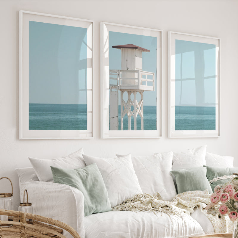 White Lifeguard Tower Beach Wall Prints - White Framed Poster with White Border - Artworksets