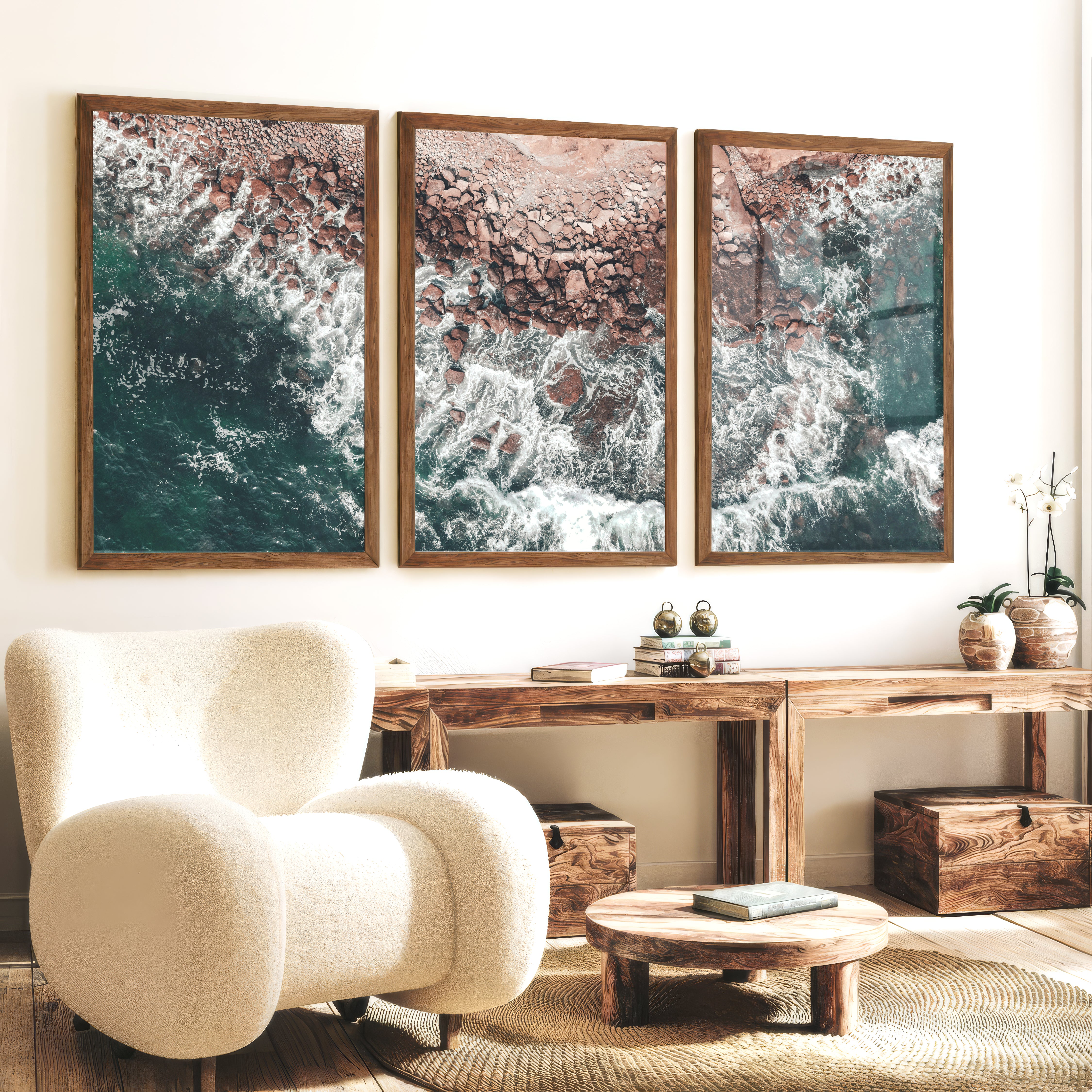 Rocky Coast Beach Wall Prints - Dark Brown Framed Poster No Border - Artworksets