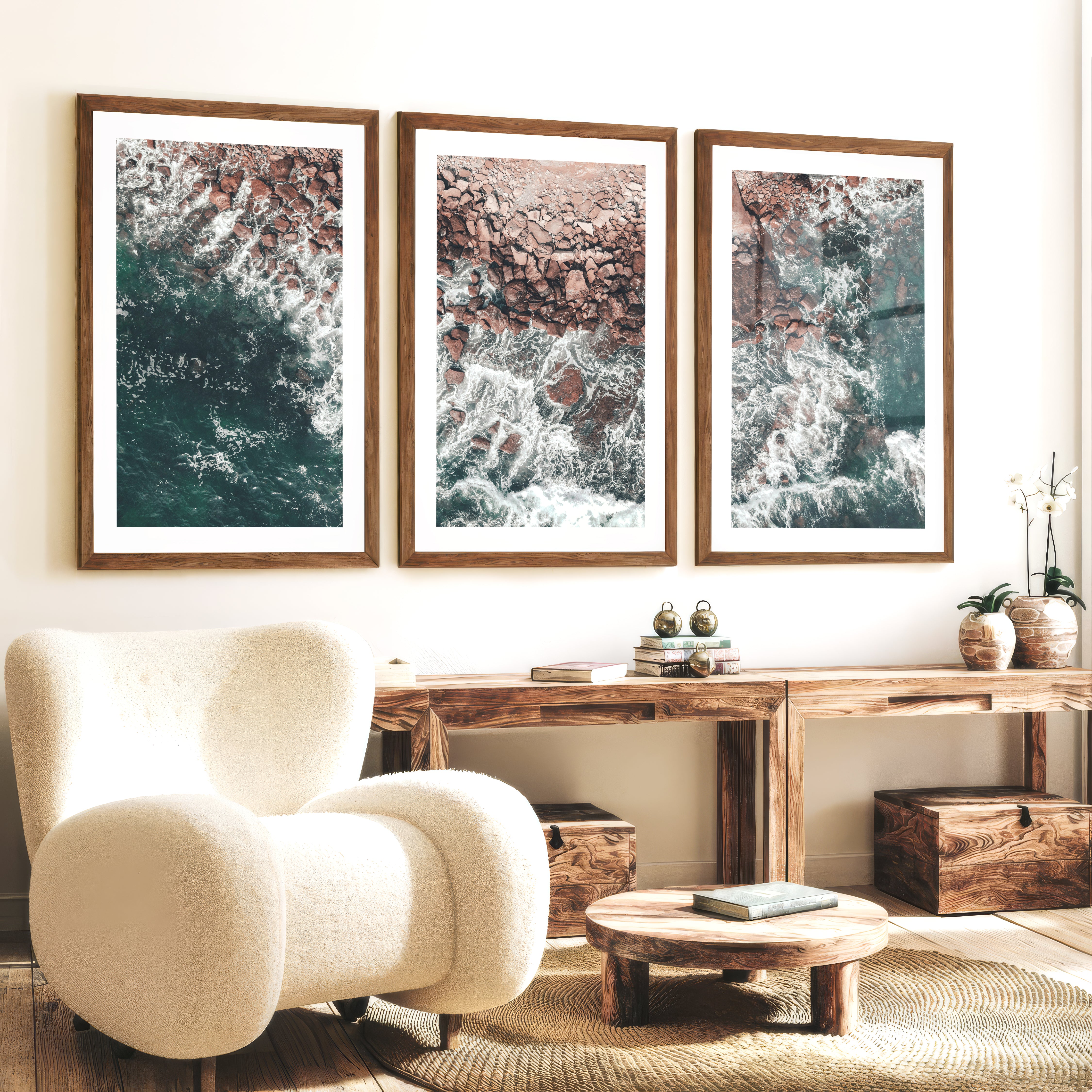 Rocky Coast Beach Wall Prints - Dark Brown Framed Poster with White Border - Artworksets