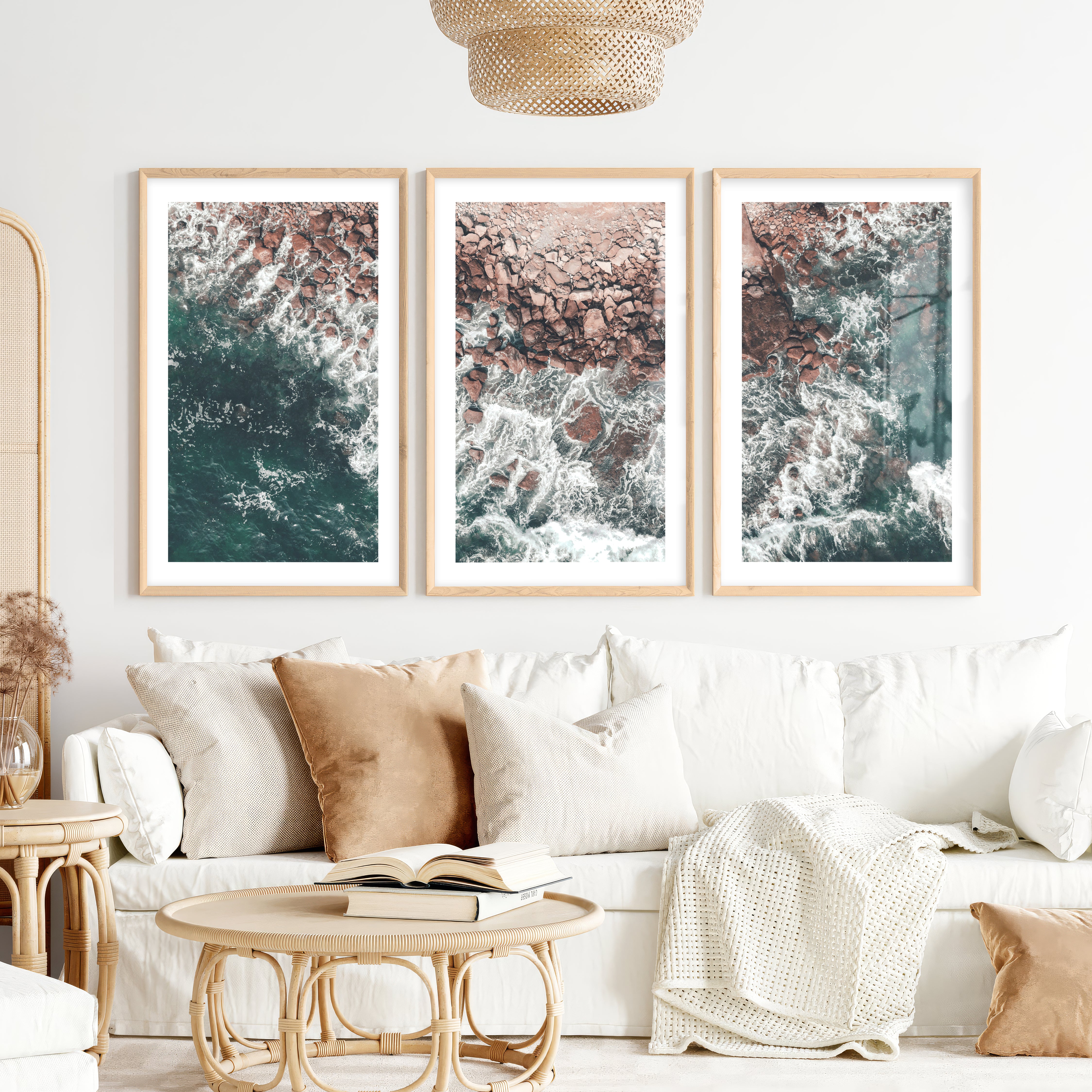 Rocky Coast Beach Wall Prints- Natural Wood Framed Poster with White Border - Artworksets