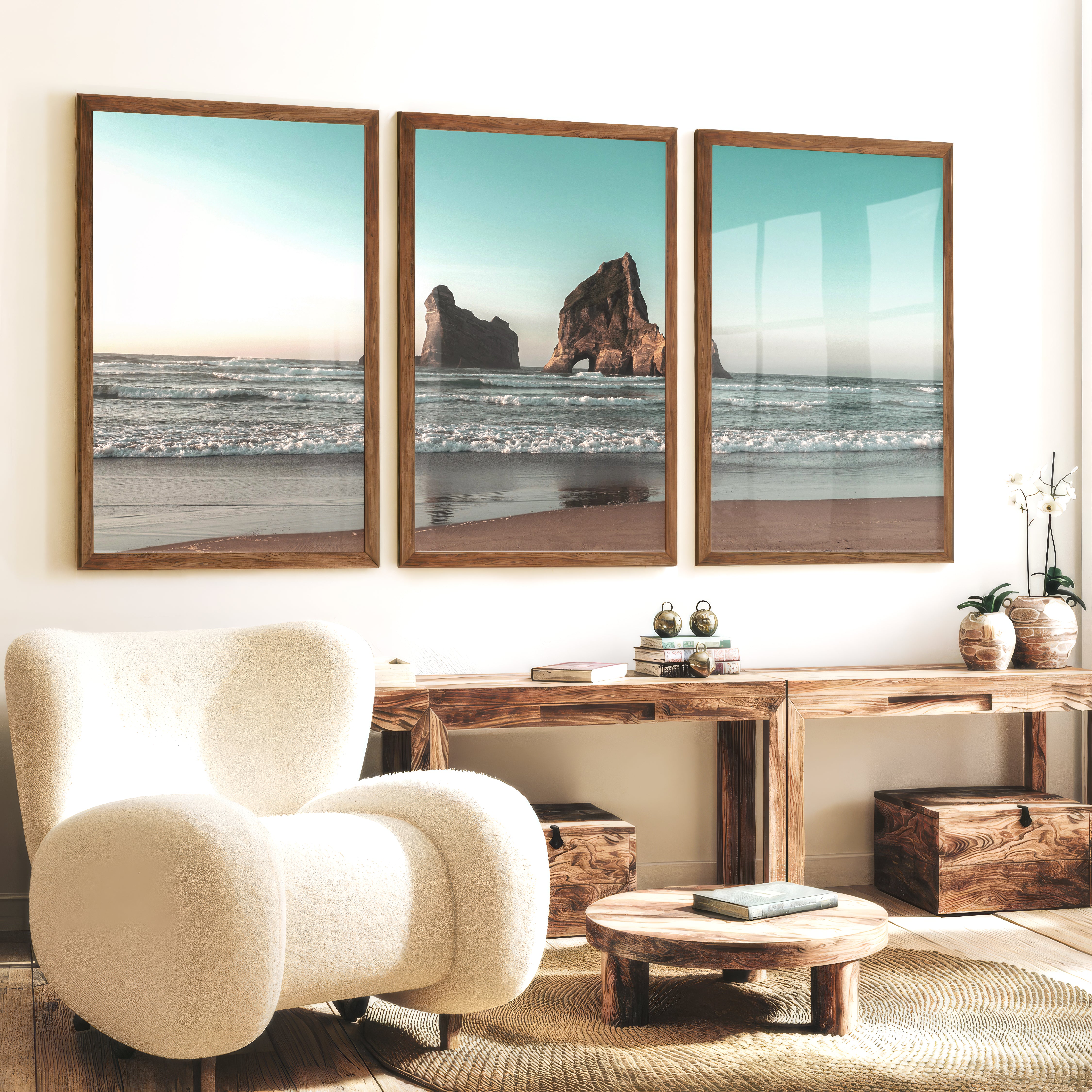 Sea Stack beach wave poster - Dark Brown Framed Poster No Border - Artworksets