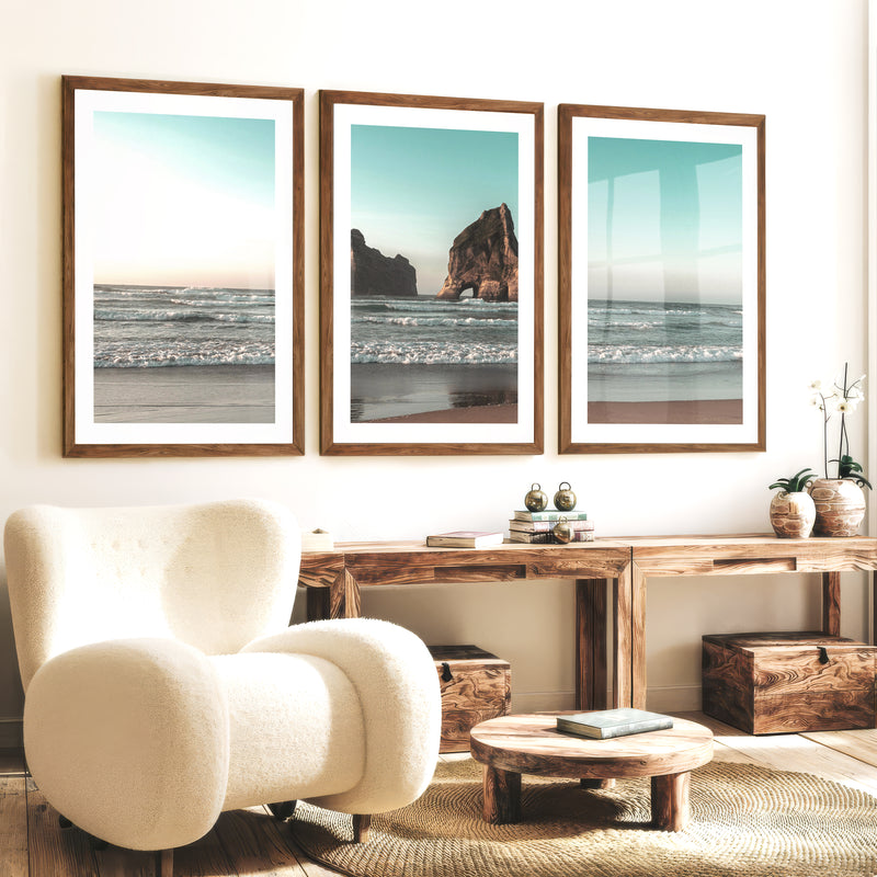 Sea Stack beach wave poster - Dark Brown Framed Poster with White Border - Artworksets