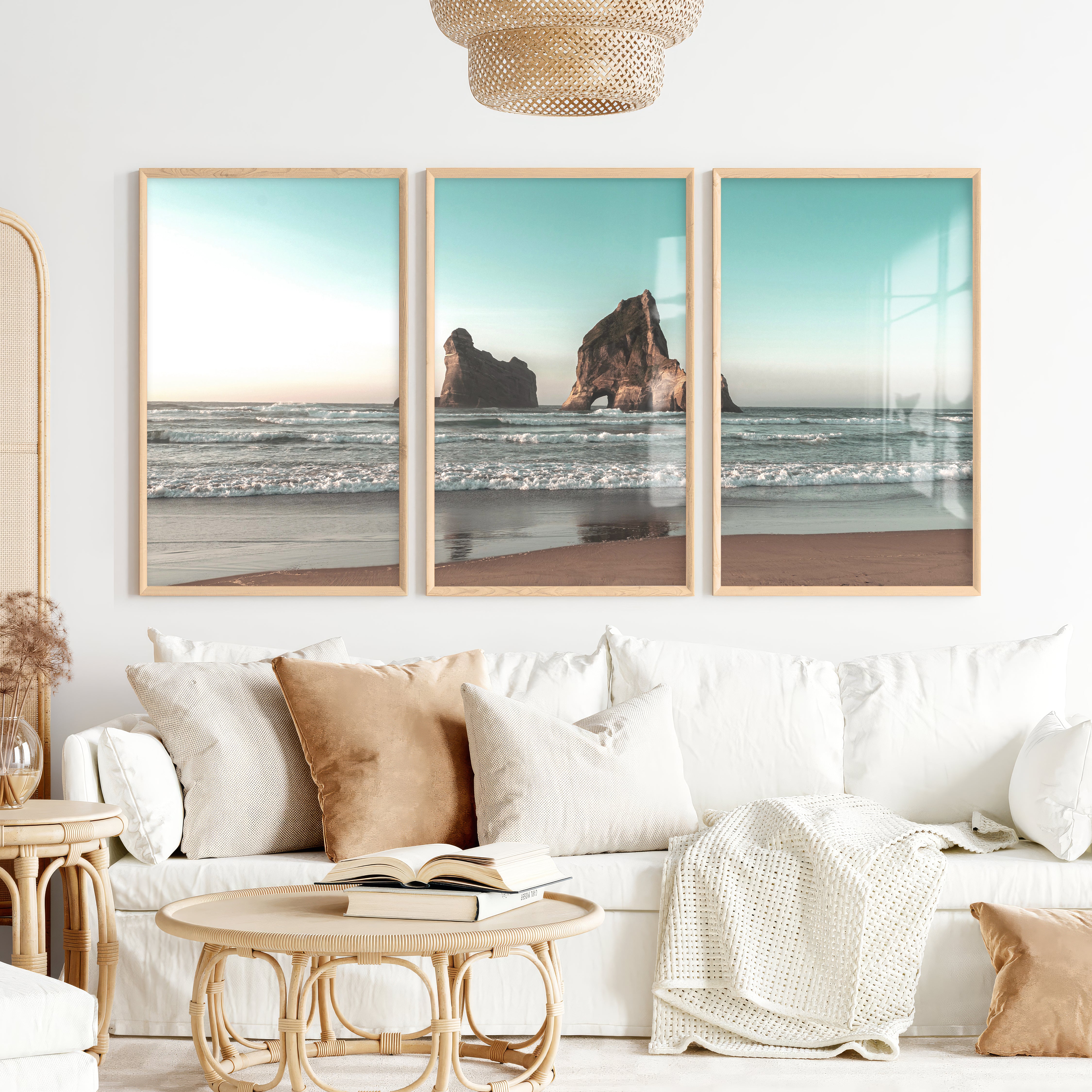 Sea Stack beach wave poster - Natural Wood Framed Poster No Border - Artworksets