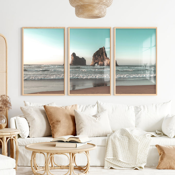 Sea Stack beach wave poster - Natural Wood Framed Poster No Border - Artworksets