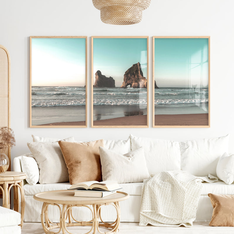 Sea Stack beach wave poster - Natural Wood Framed Poster No Border - Artworksets