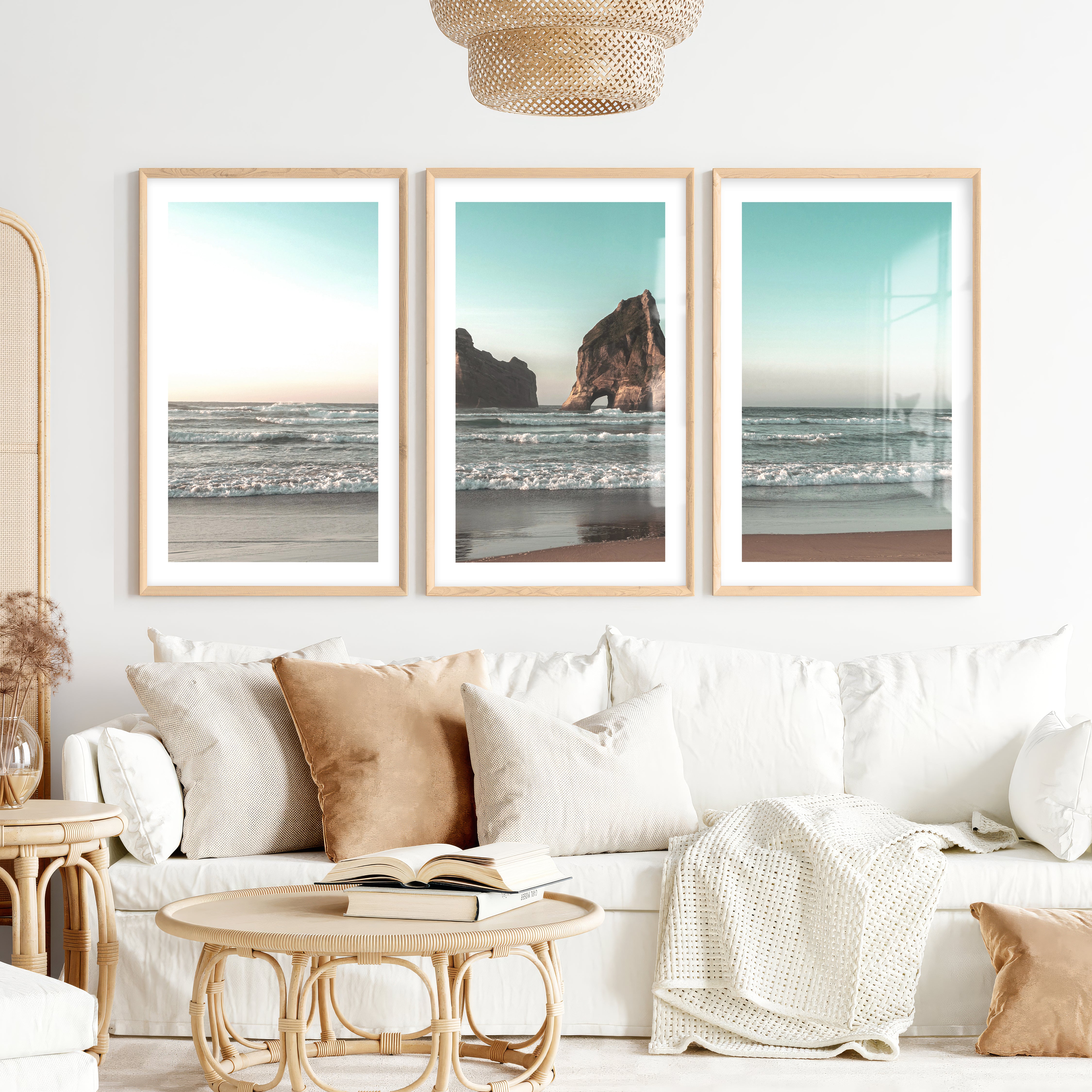 Sea Stack beach wave poster- Natural Wood Framed Poster with White Border - Artworksets
