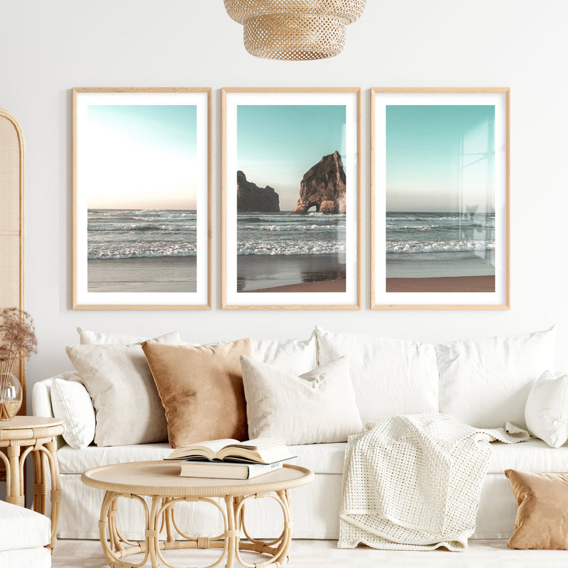 Sea Stack beach wave poster- Natural Wood Framed Poster with White Border - Artworksets