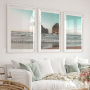 Sea Stack beach wave poster - White Framed Poster with White Border - Artworksets