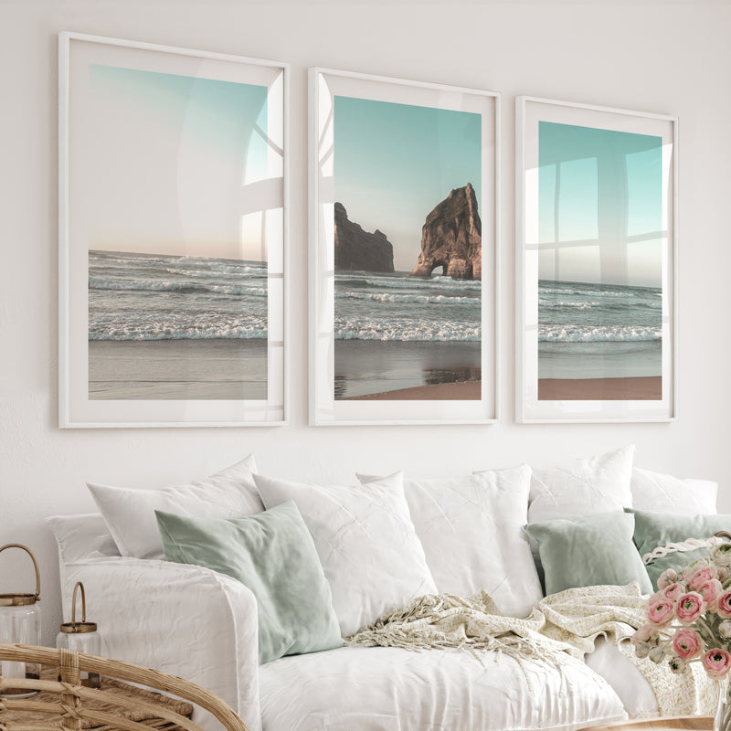 Sea Stack beach wave poster - White Framed Poster with White Border - Artworksets