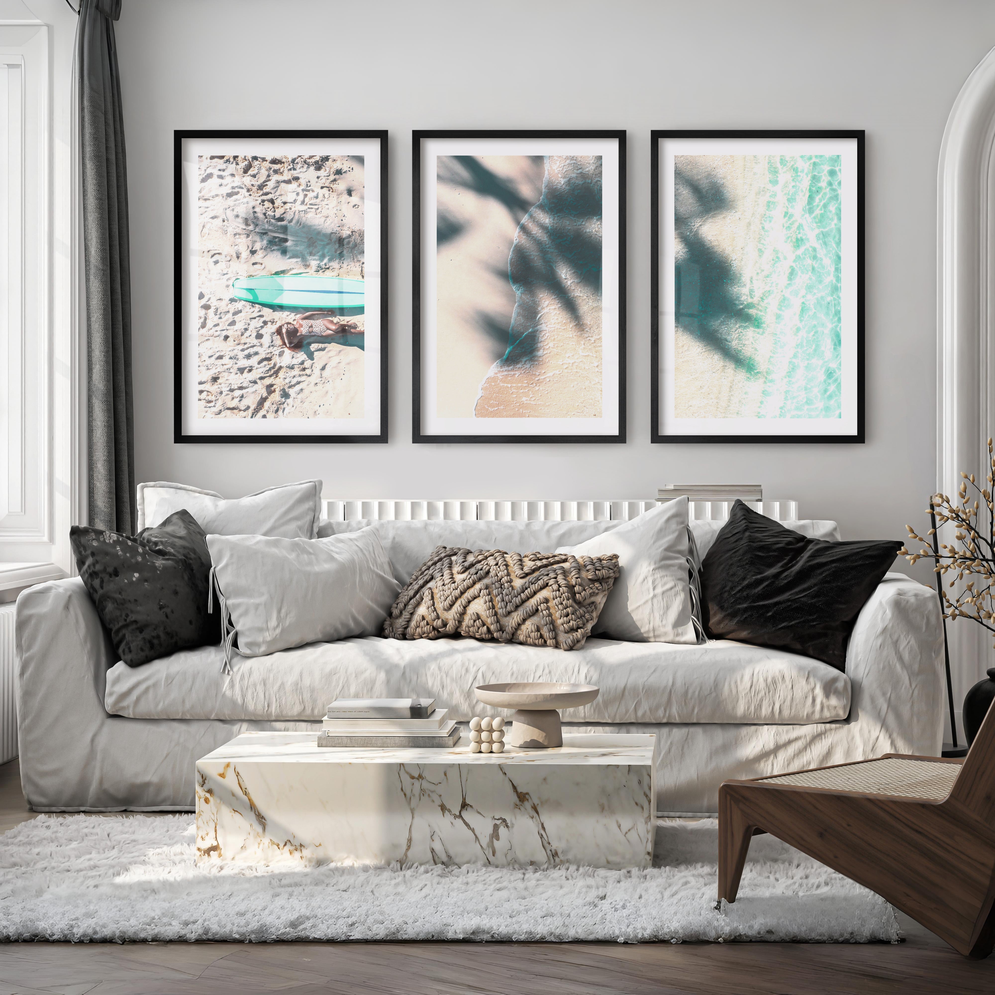 Surfboard Shoreline Beachy Wall Art Decor - Black Framed Poster with White Border - Artworksets
