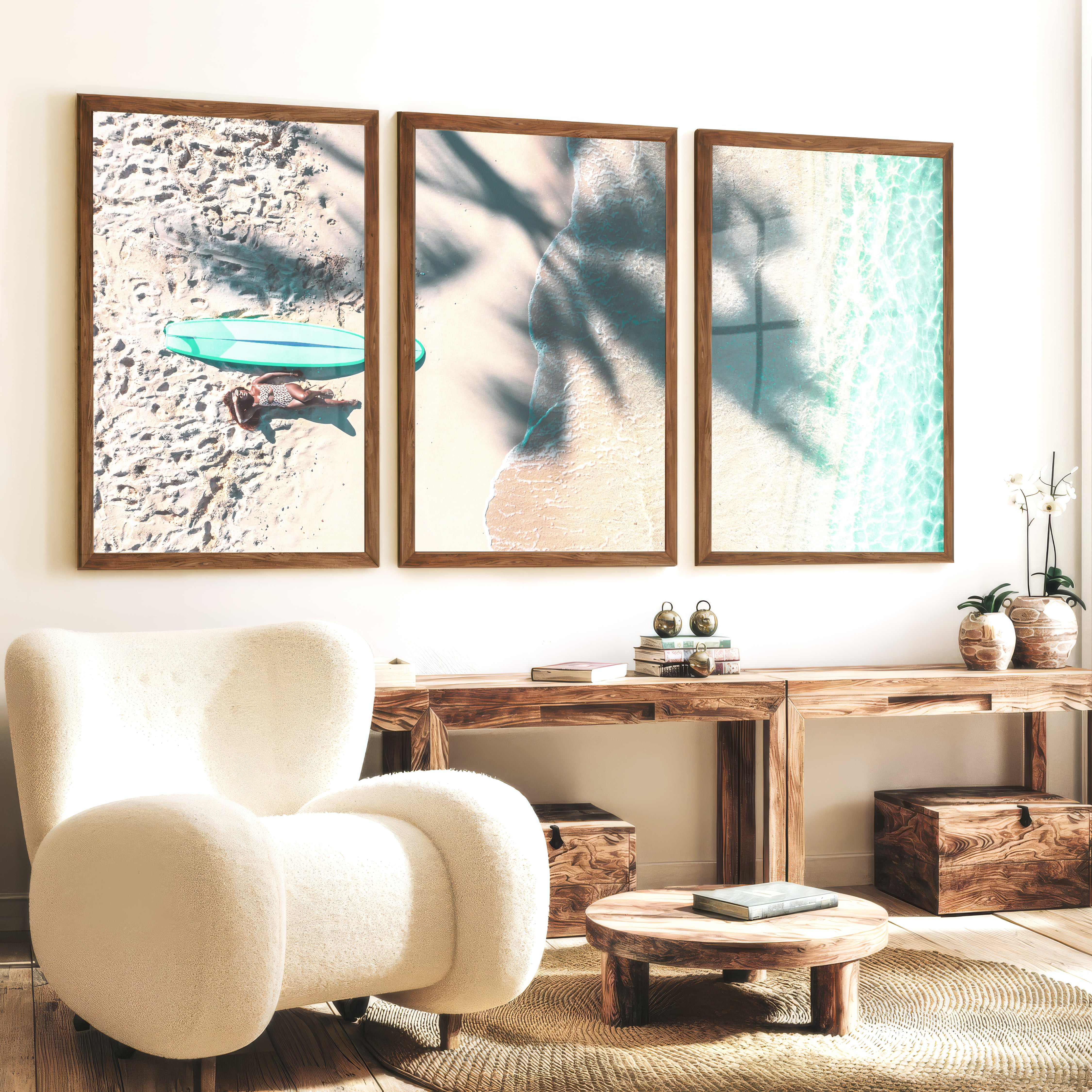 Surfboard Shoreline Beachy Wall Art Decor - Dark Brown Framed Poster No Border - Artworksets