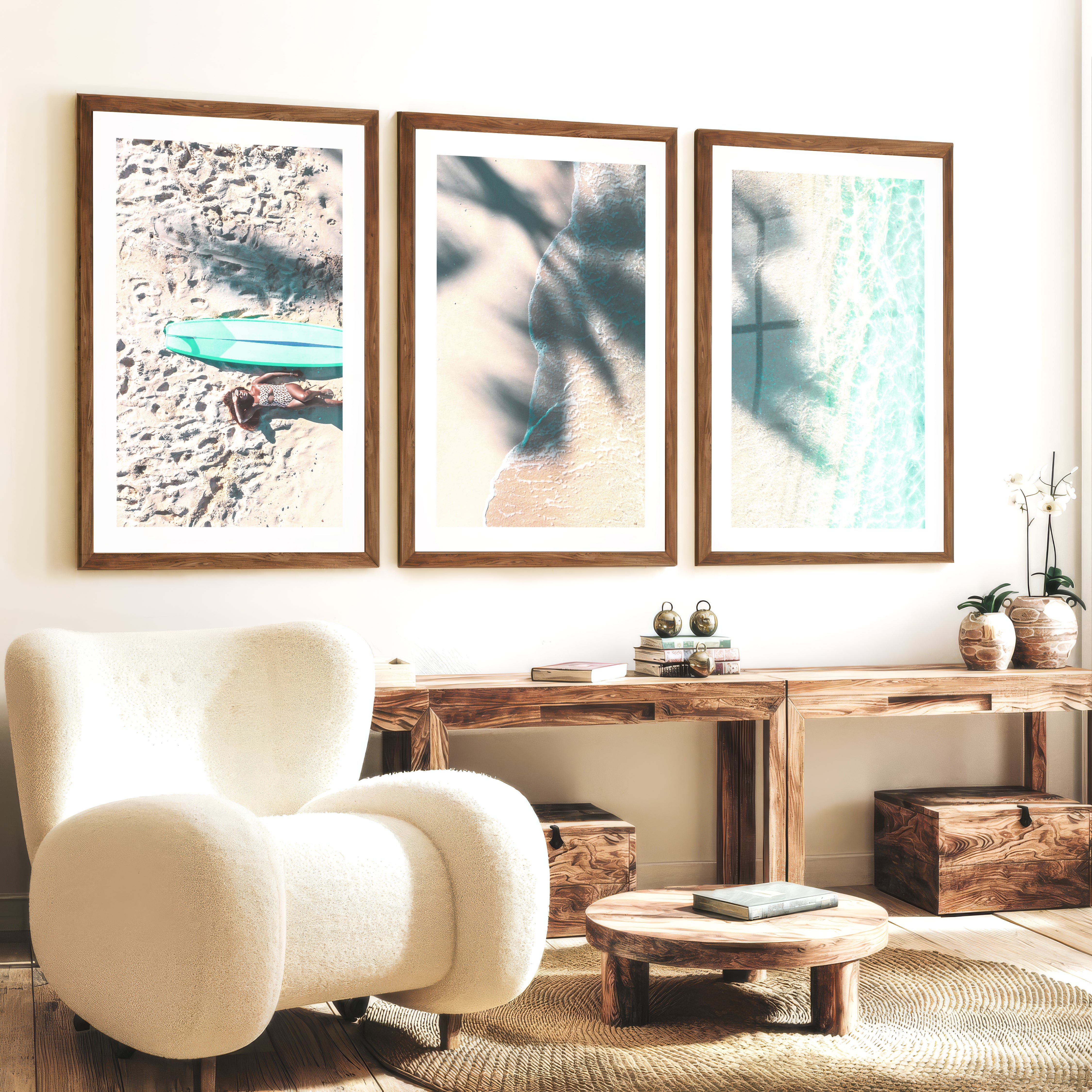 Surfboard Shoreline Beachy Wall Art Decor - Dark Brown Framed Poster with White Border - Artworksets