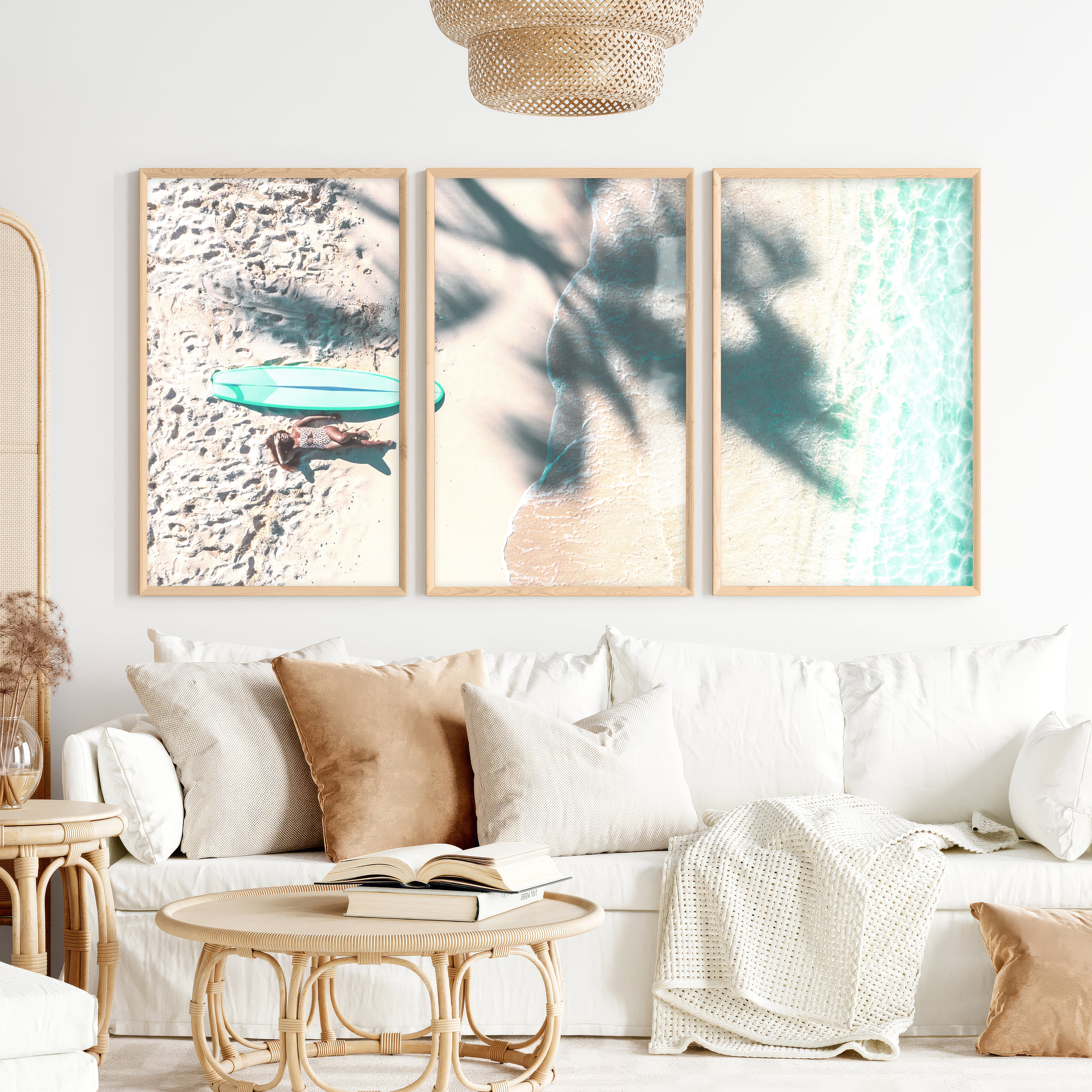 Surfboard Shoreline Beachy Wall Art Decor - Natural Wood Framed Poster No Border - Artworksets