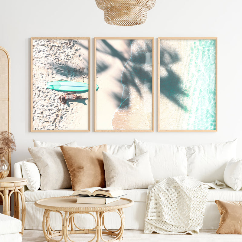 Surfboard Shoreline Beachy Wall Art Decor - Natural Wood Framed Poster No Border - Artworksets
