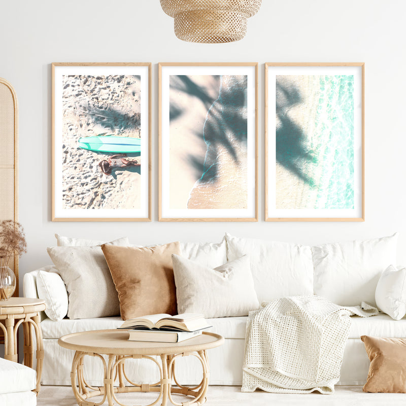 Surfboard Shoreline Beachy Wall Art Decor- Natural Wood Framed Poster with White Border - Artworksets