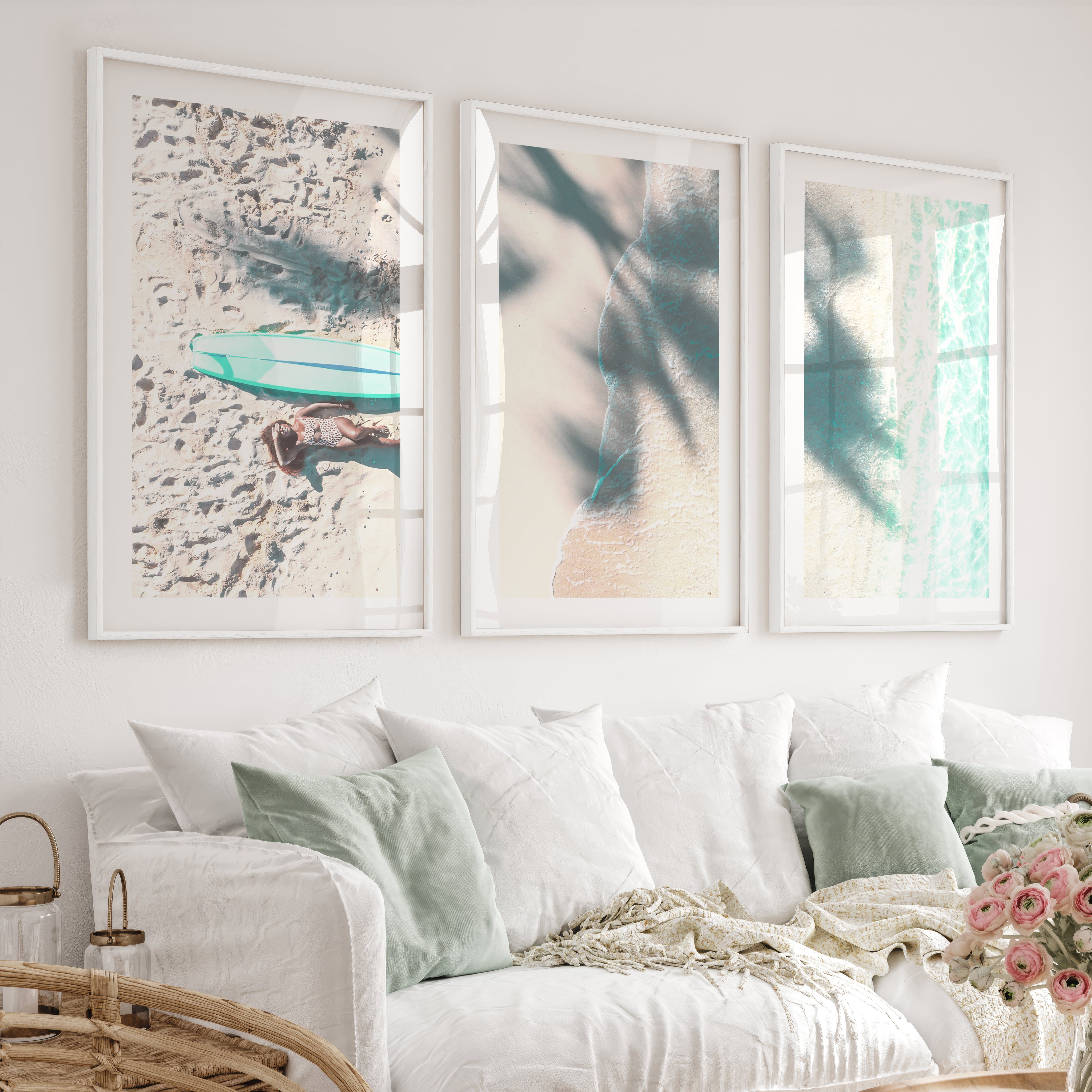Surfboard Shoreline Beachy Wall Art Decor - White Framed Poster with White Border - Artworksets