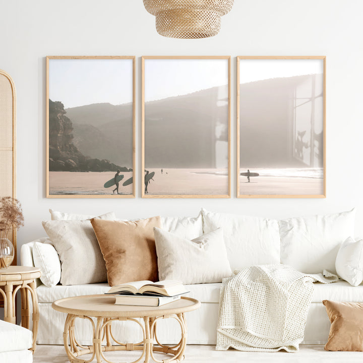 Misty Surfer Beachy Wall Art Decor - Natural Wood Framed Poster No Border - Artworksets