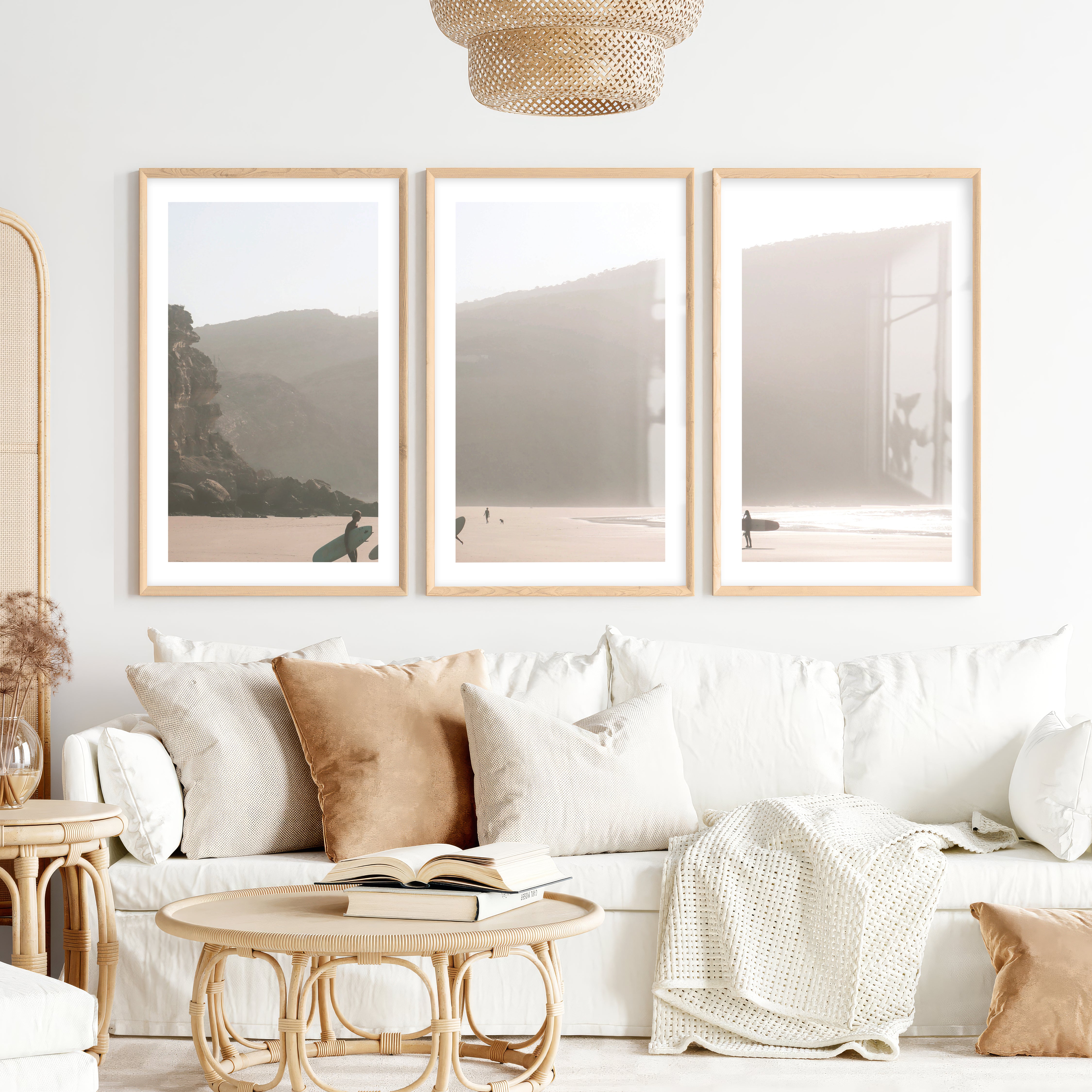 Misty Surfer Beachy Wall Art Decor- Natural Wood Framed Poster with White Border - Artworksets